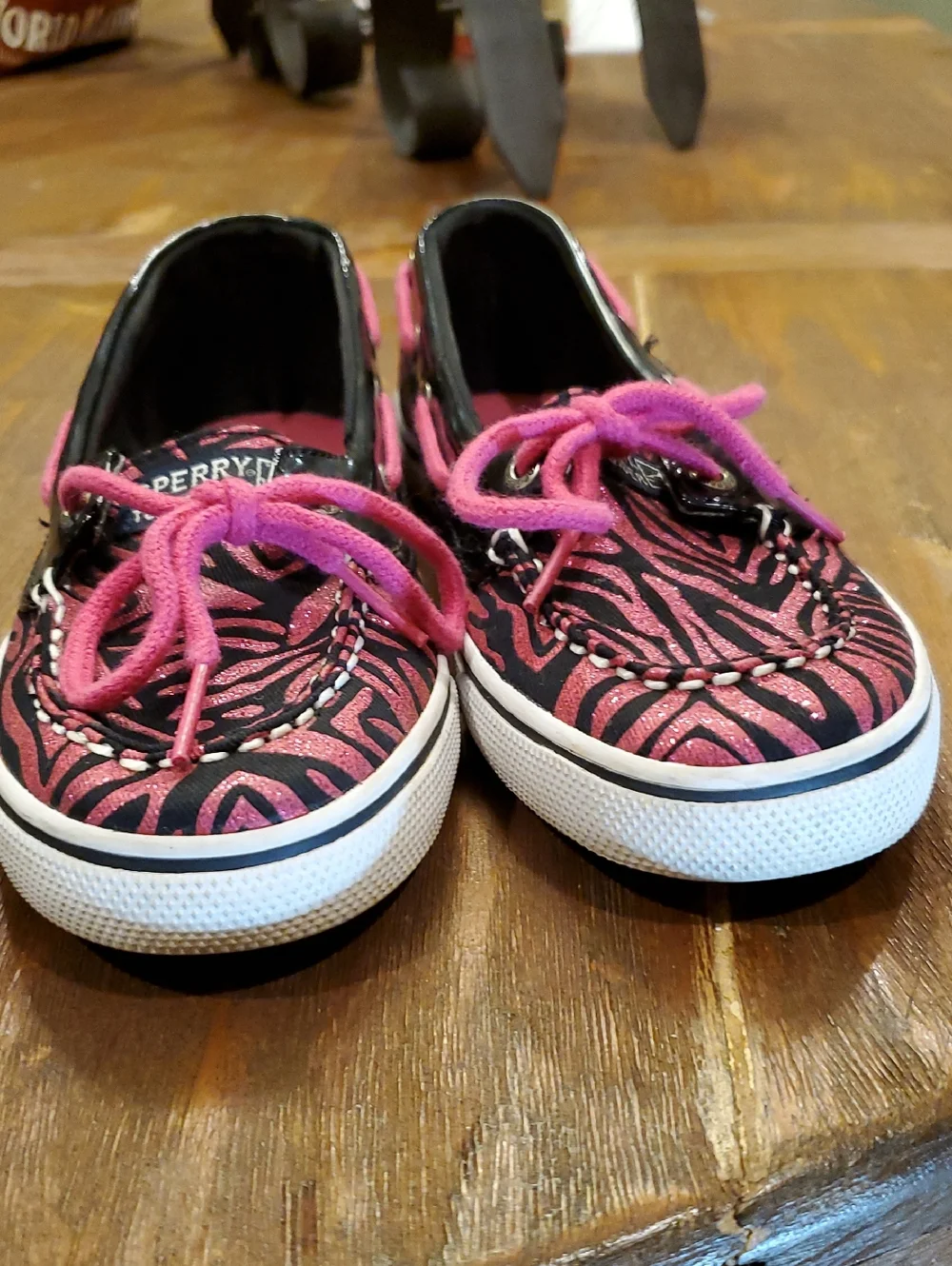 Girl's Size 3 Sperry Sparkly Black and Hot Pink Zebra Boat Shoes